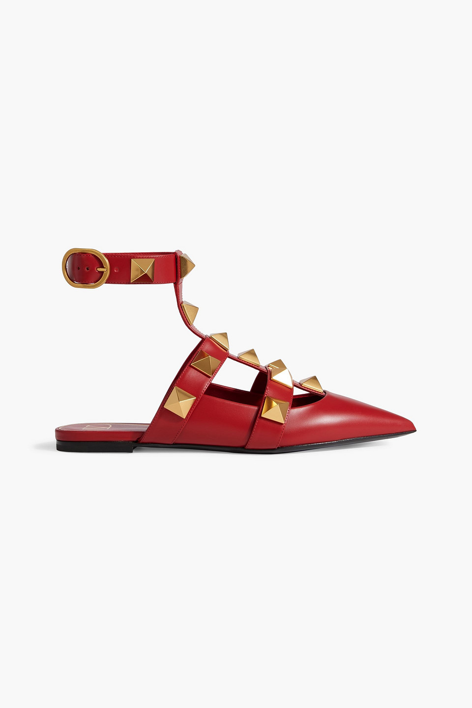 Shop Valentino Roman Stud Leather Point-toe Flats In Red