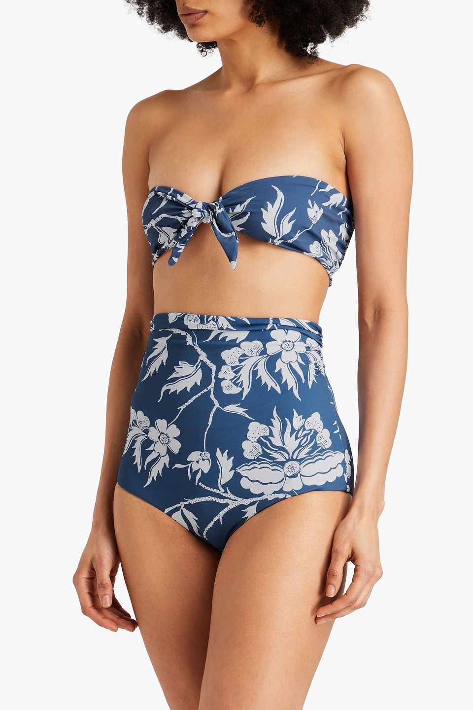 Shop Mara Hoffman Kai Knotted Floral-print Bandeau Bikini Top In Navy