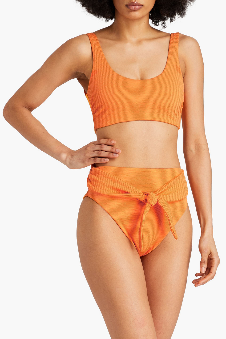 Shop Mara Hoffman Goldie Ribbed Knotted High-rise Bikini Briefs In Orange