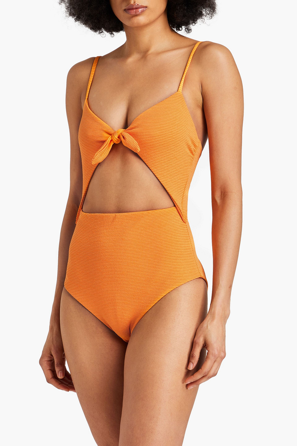 Shop Mara Hoffman Kia Cutout Ribbed Knotted Swimsuit In Orange