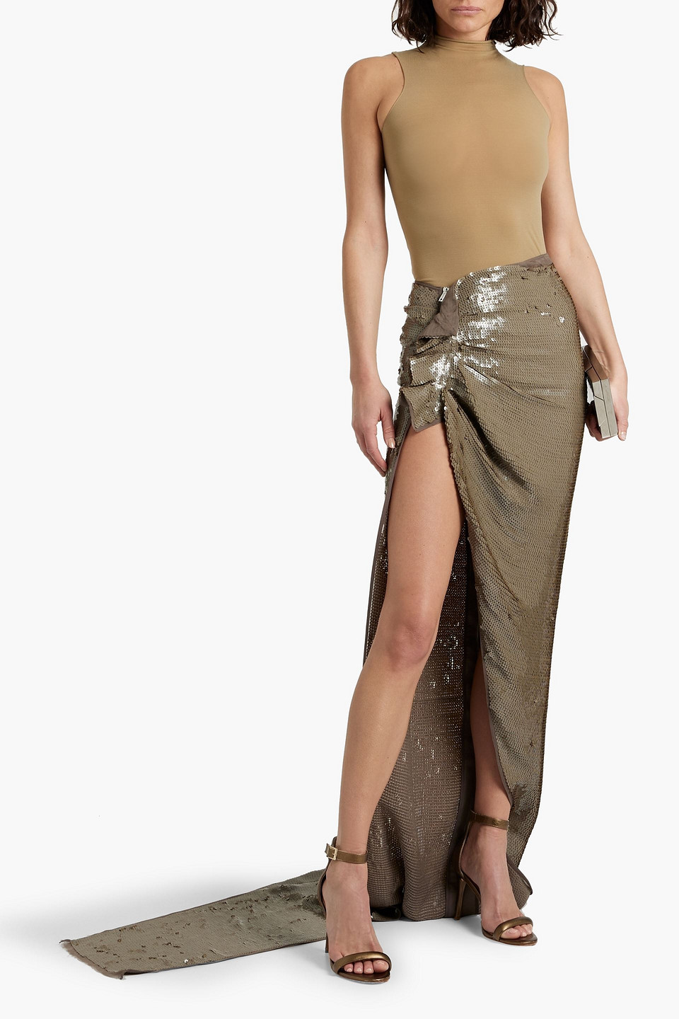 Shop Rick Owens Asymmetric Sequined Chiffon Skirt In Grey Green