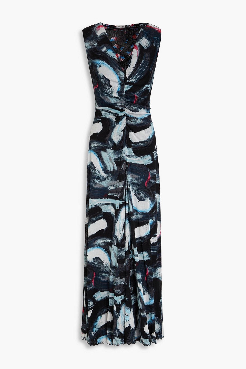 Diane Von Furstenberg Solveigh Ruched Printed Mesh Maxi Dress In Black