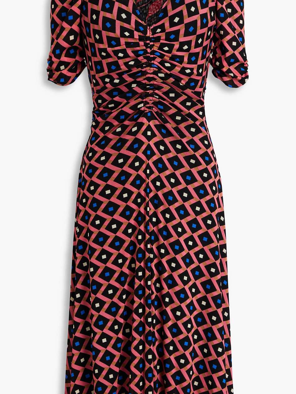 karen ruched printed mesh dress