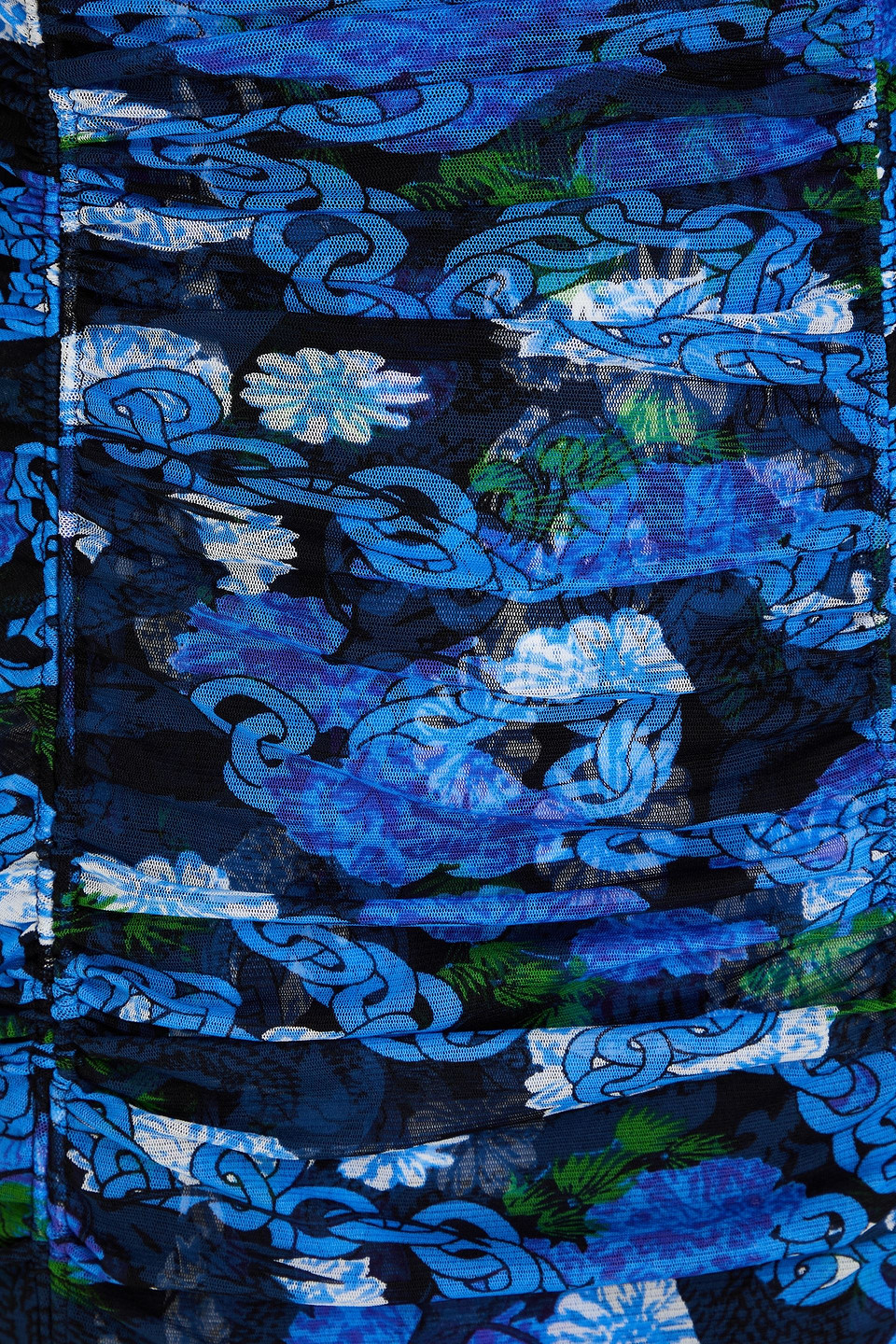 Diane Von Furstenberg Corinne Ruched Printed Mesh Midi Dress In Blue
