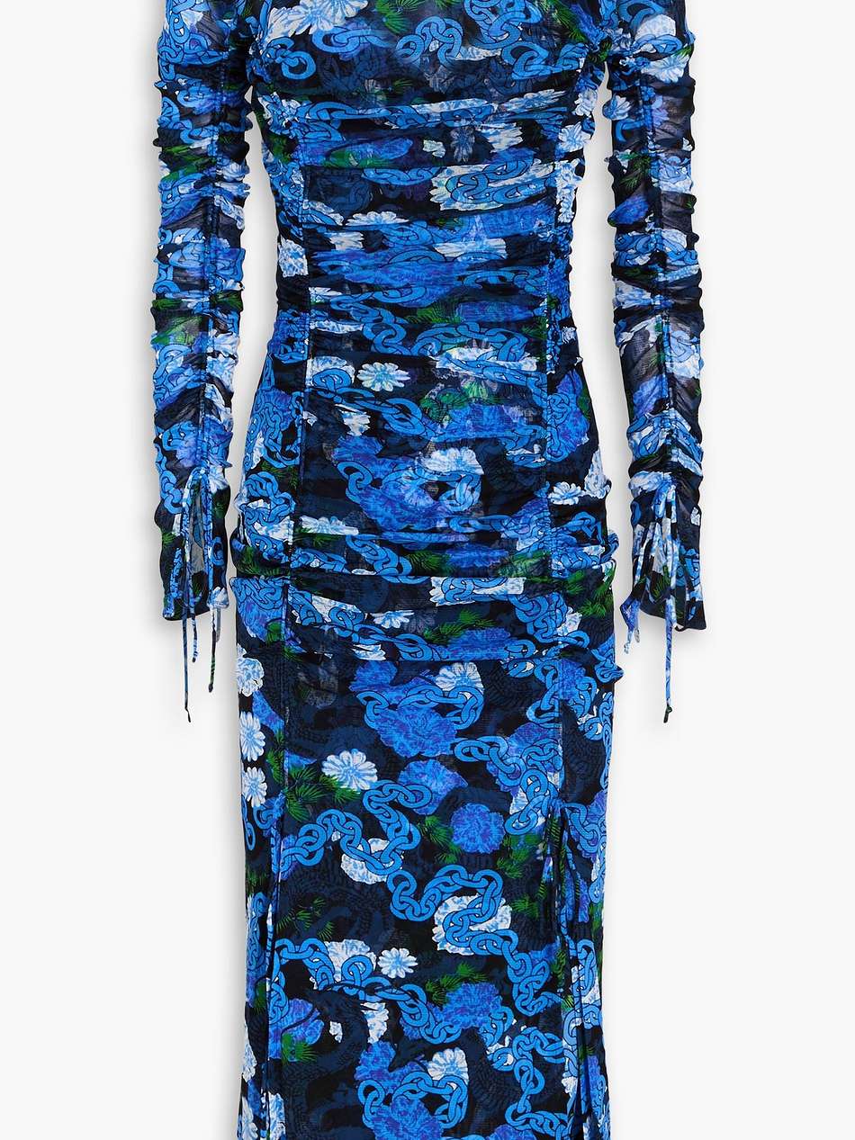 corinne ruched printed stretch-mesh midi dress