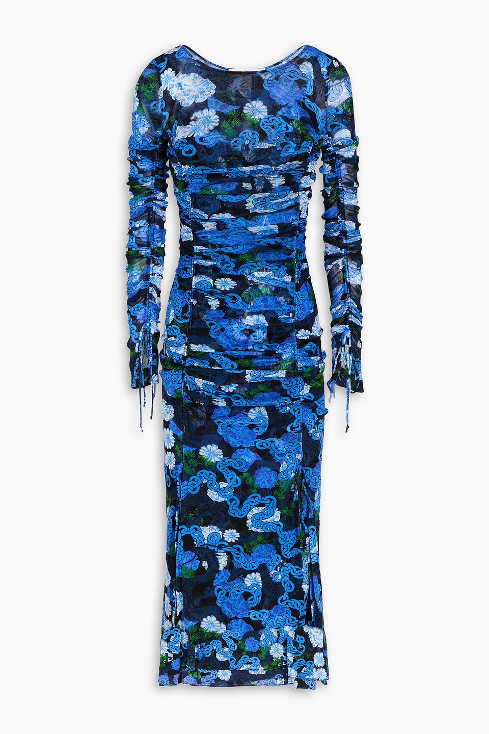 Diane Von Furstenberg Corinne Ruched Printed Mesh Midi Dress In Blue