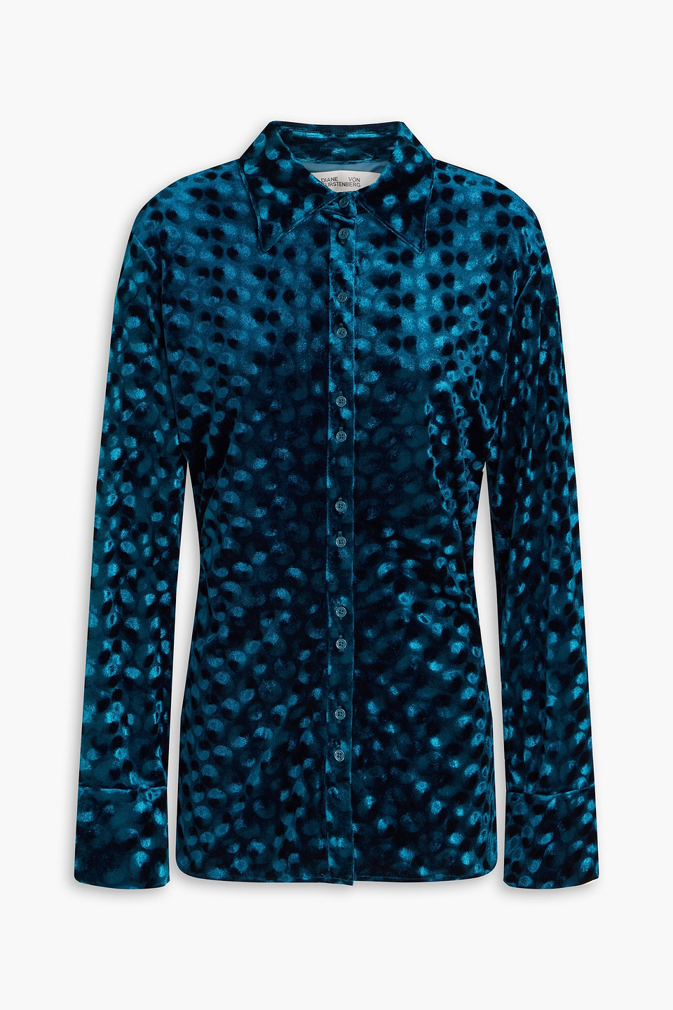 Diane Von Furstenberg Soluck Ruched Printed Stretch-velvet Shirt In Petrol