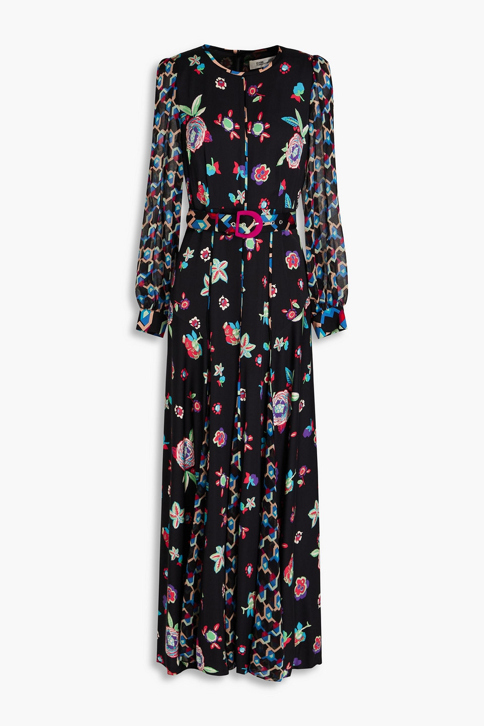 Diane Von Furstenberg Elliot Floral-print Chiffon-paneled Satin Maxi Dress In Black