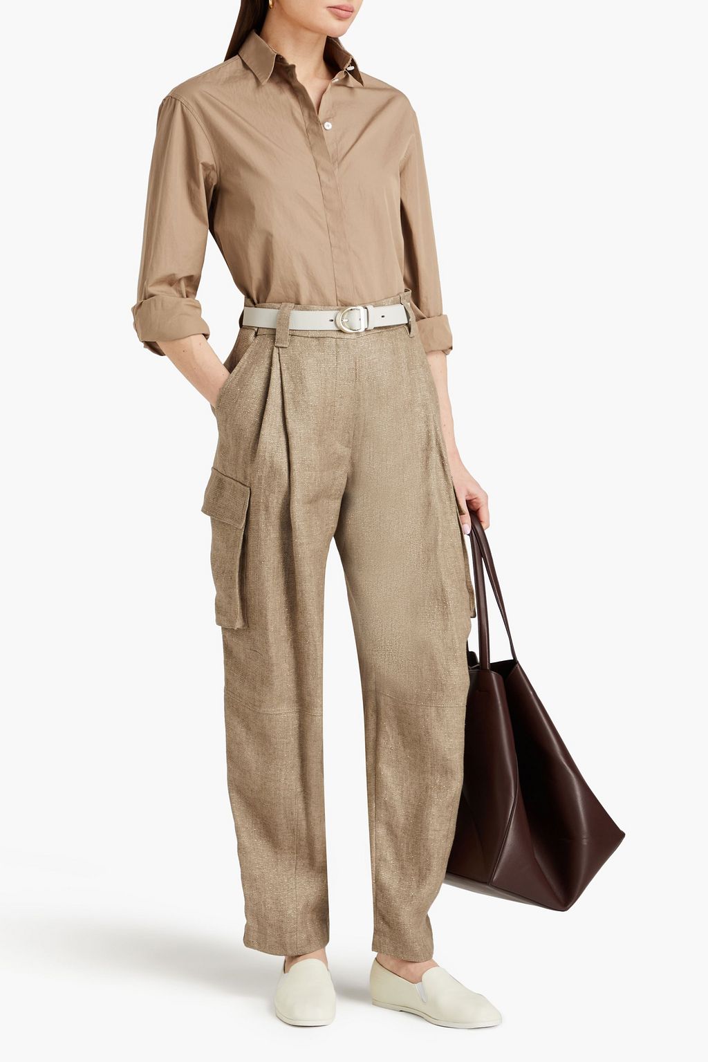BRUNELLO CUCINELLI Pleated metallic linen-blend tapered pants