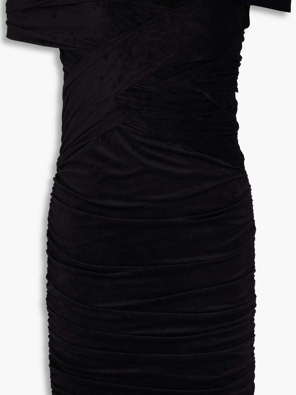 off-the-shoulder ruched stretch-velvet mini dress