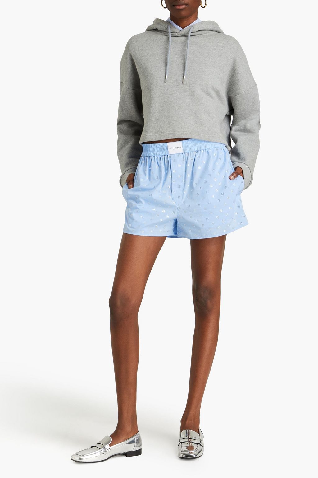 ALEXANDER WANG شورت من البوبلين المصنوع من مزيج من القطن بتصميم مقلّم ومزين بالكريستال