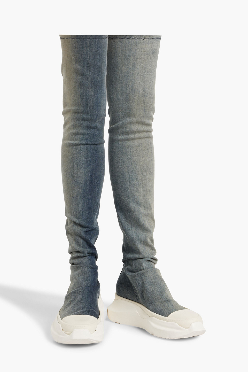 Rick Owens Abstract Over-the-knee Denim Platform Boots In Mid Denim