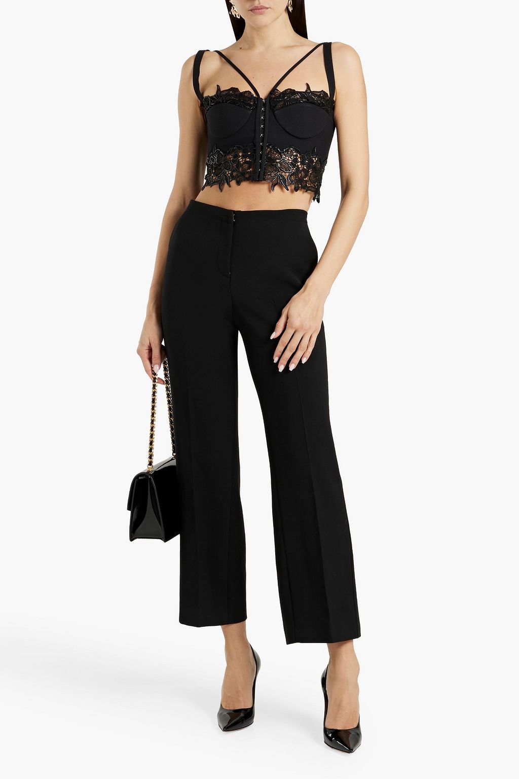 VERSACE Guipure lace-trimmed crepe bustier top