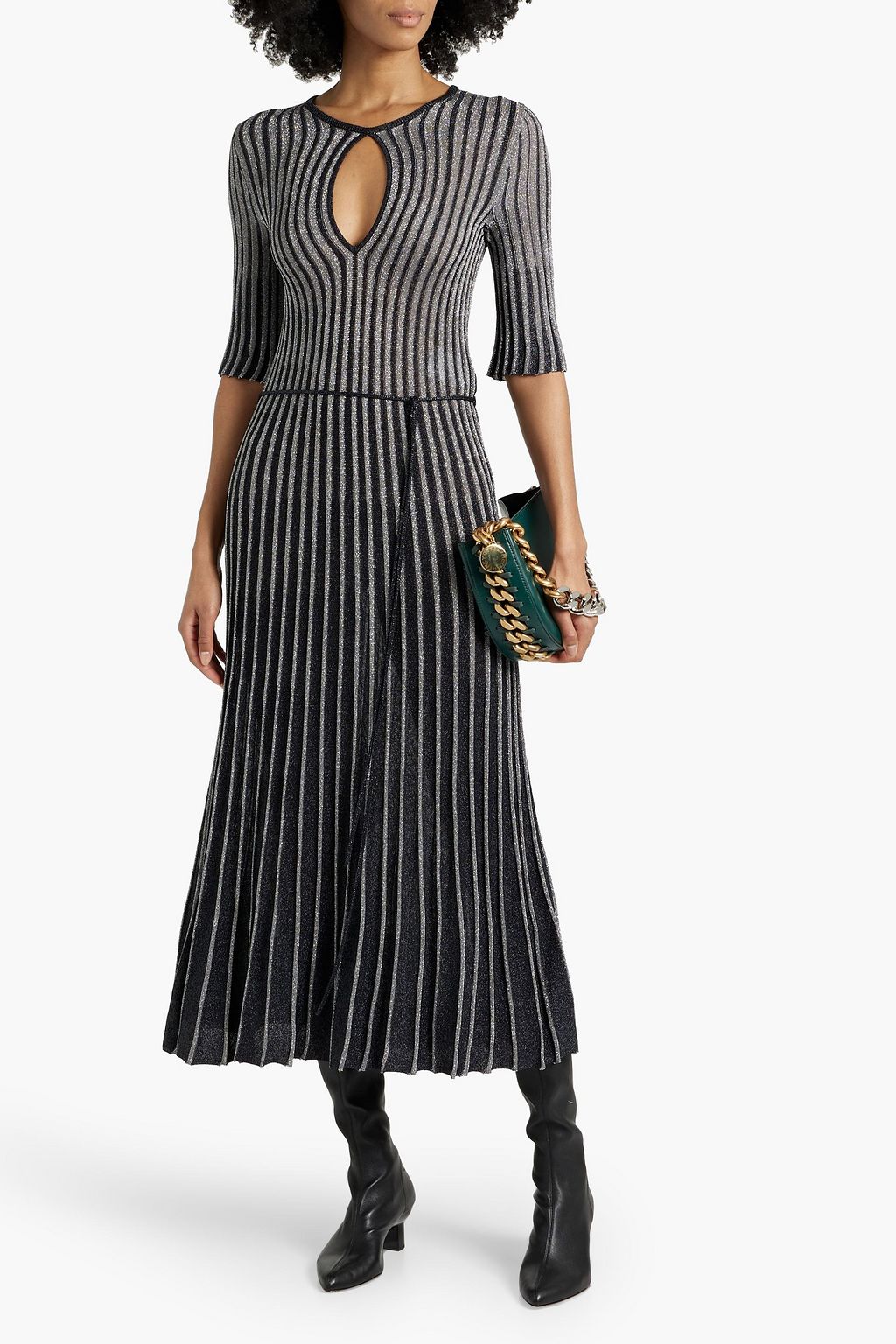 STELLA MCCARTNEY Cutout metallic striped stretch-knit midi dress
