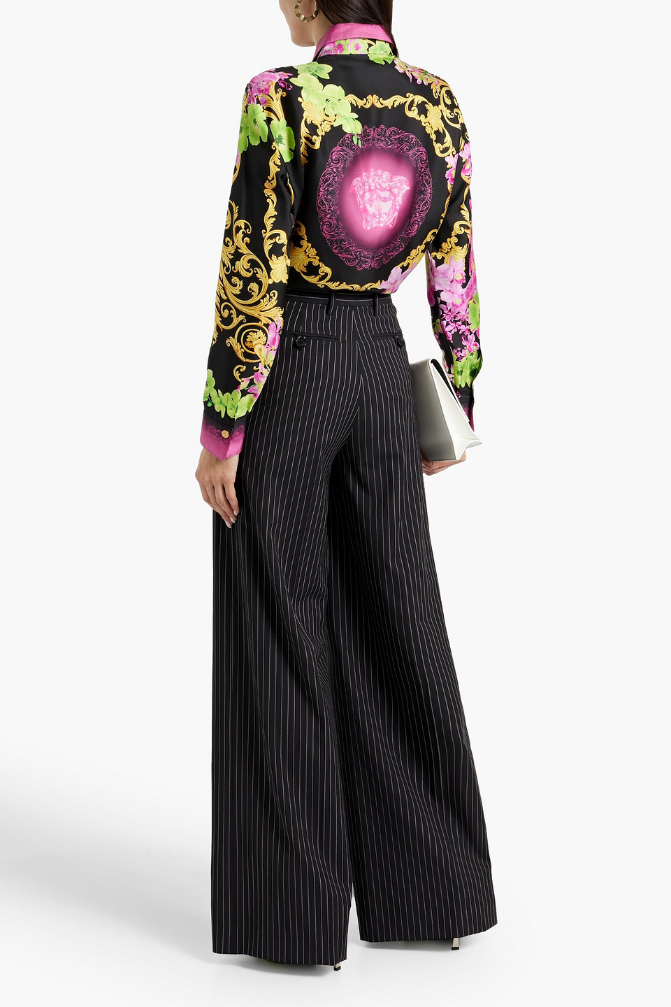 Shop Versace Pinstriped Wool-blend Twill Wide-leg Pants In Black