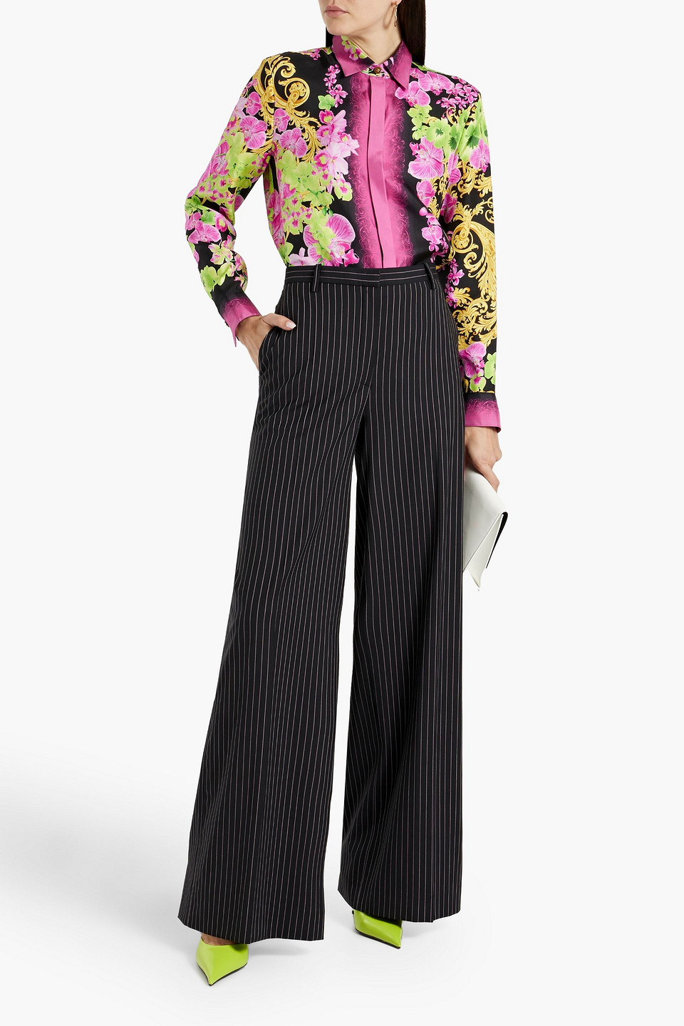 Shop Versace Pinstriped Wool-blend Twill Wide-leg Pants In Black