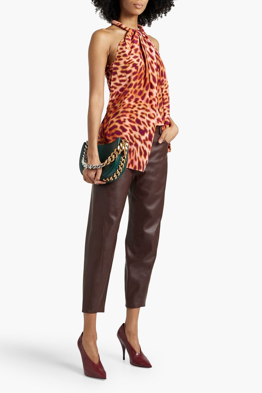 STELLA MCCARTNEY Asymmetric leopard-print silk-chiffon halterneck top