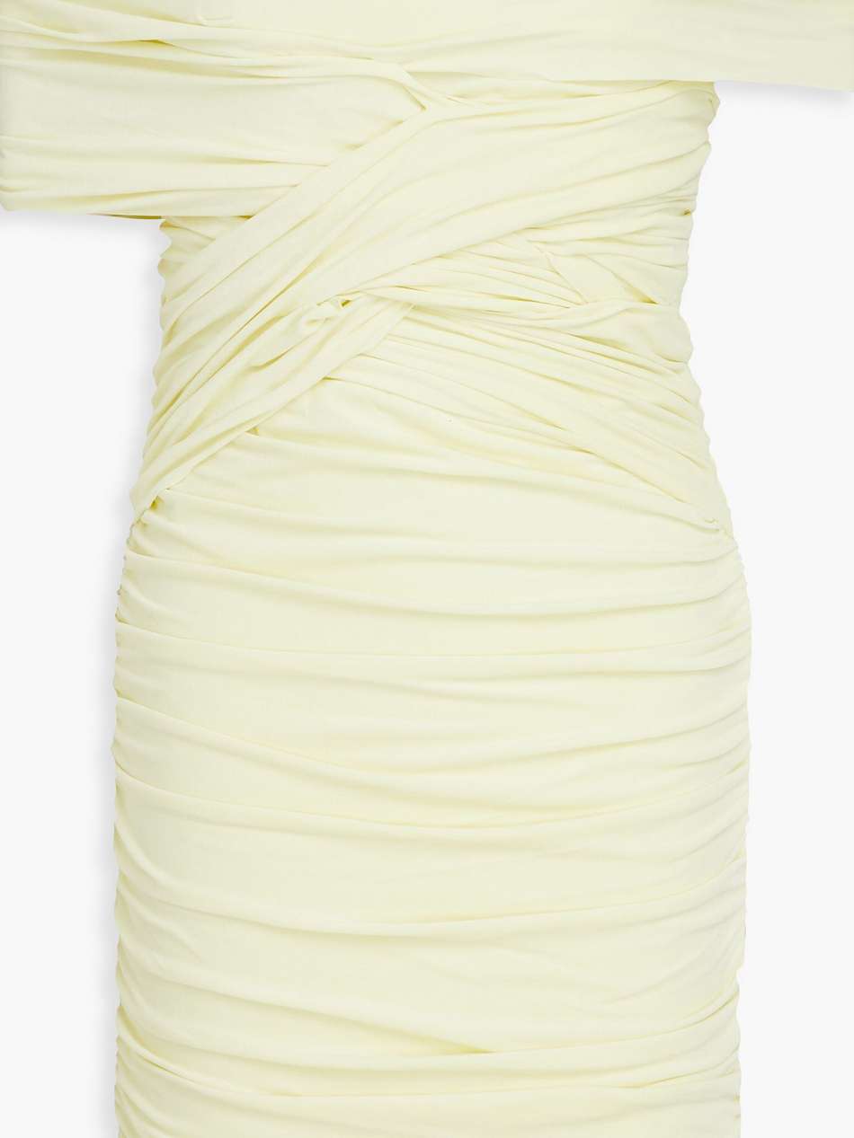 off-the-shoulder ruched stretch-velvet mini dress