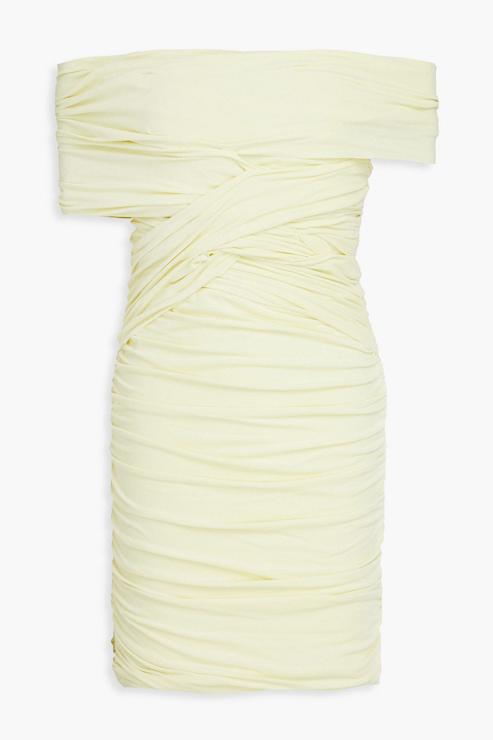 Alexander Wang Off-the-shoulder Ruched Stretch-velvet Mini Dress In Pastel Yellow