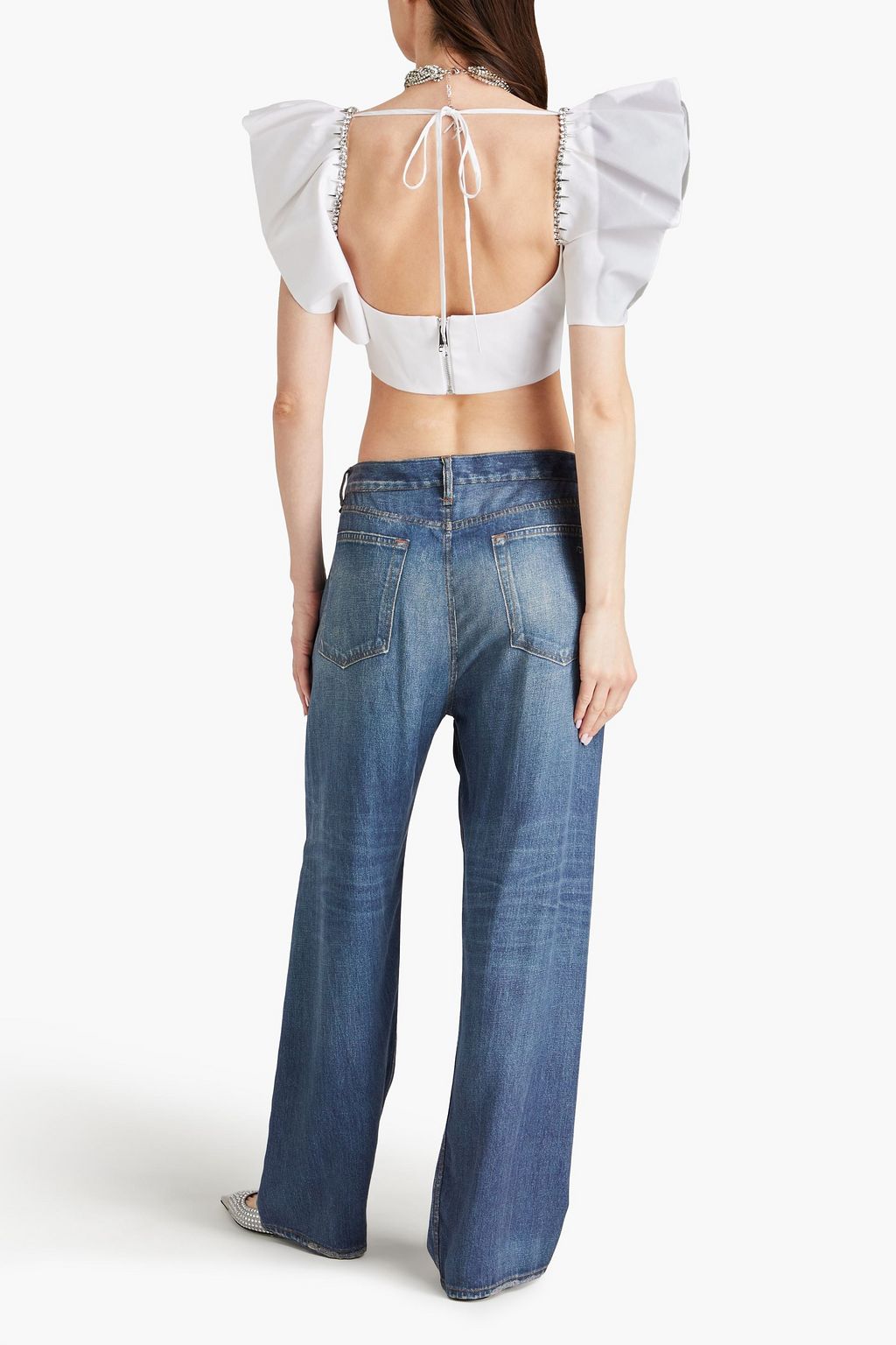 AREA Cropped embellished cotton-poplin top