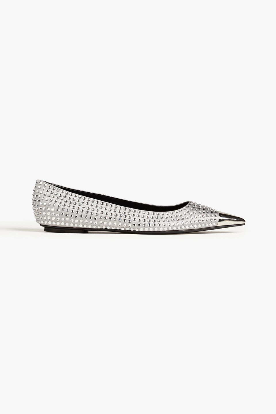 Sergio Rossi Dagger Crystal-embellished Satin Point-toe Flats In Silver