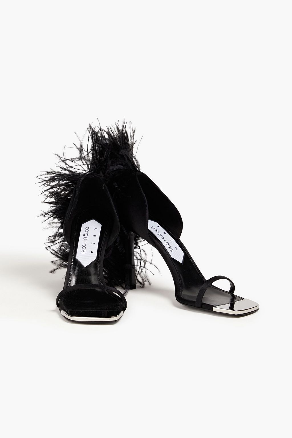 AREA X SERGIO ROSSI Feather-trimmed satin sandals