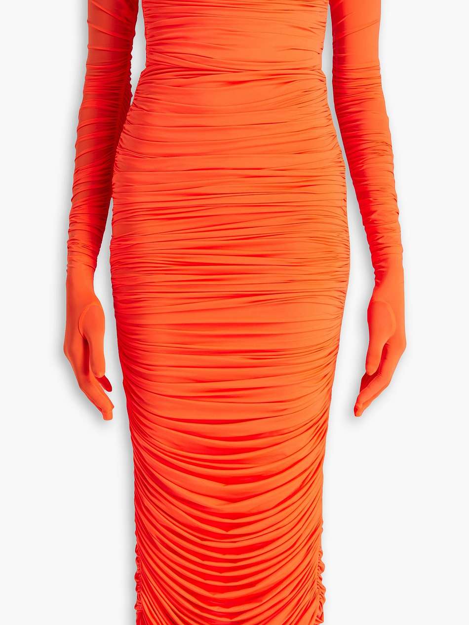 strapless ruched neon stretch-jersey midi dress