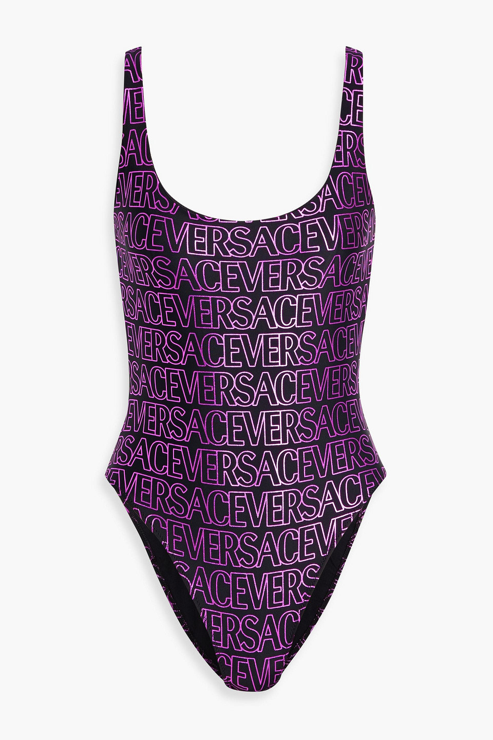 Versace Metallic Logo-print Swimsuit In Black