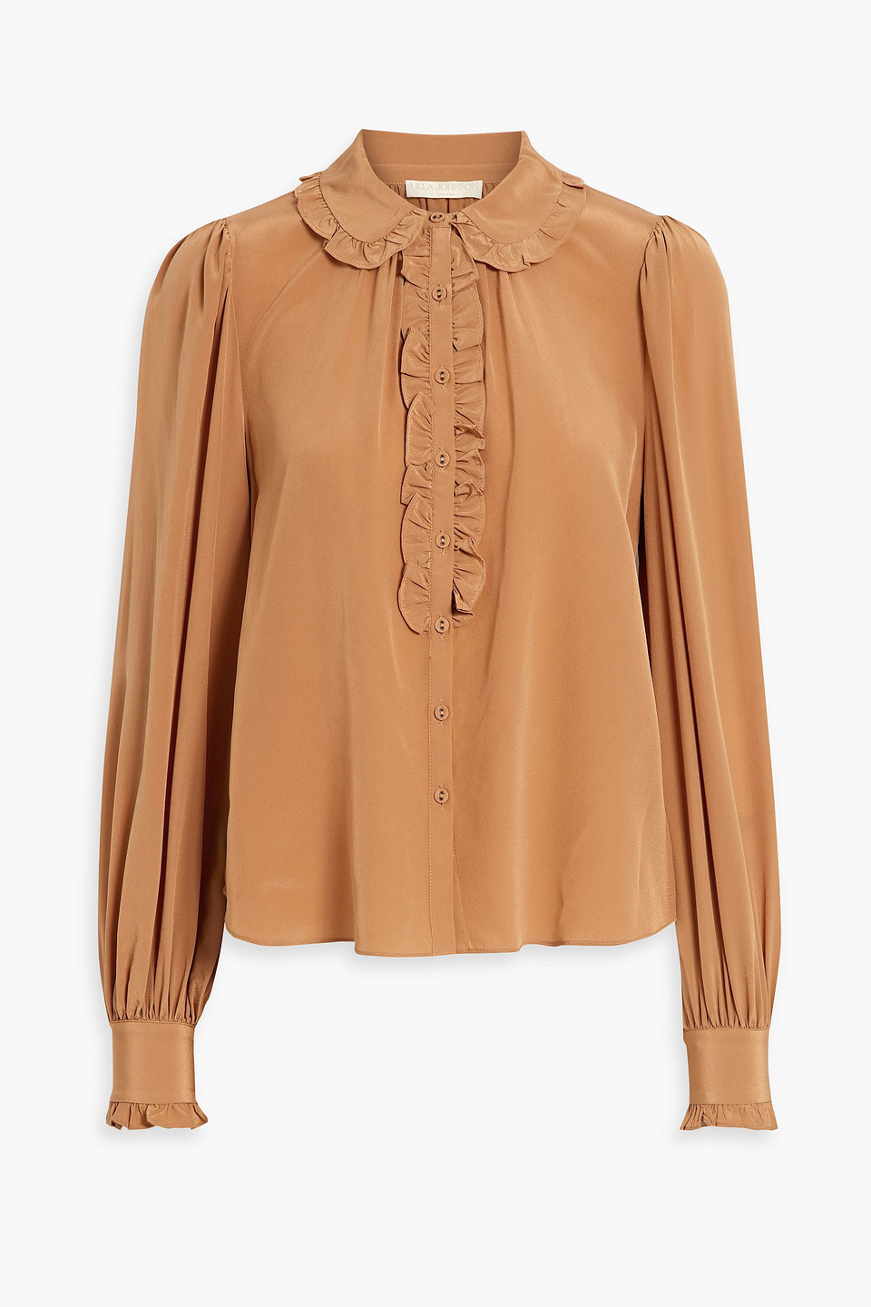 Shop Ulla Johnson Philipa Ruffled Silk-charmeuse Blouse In Camel