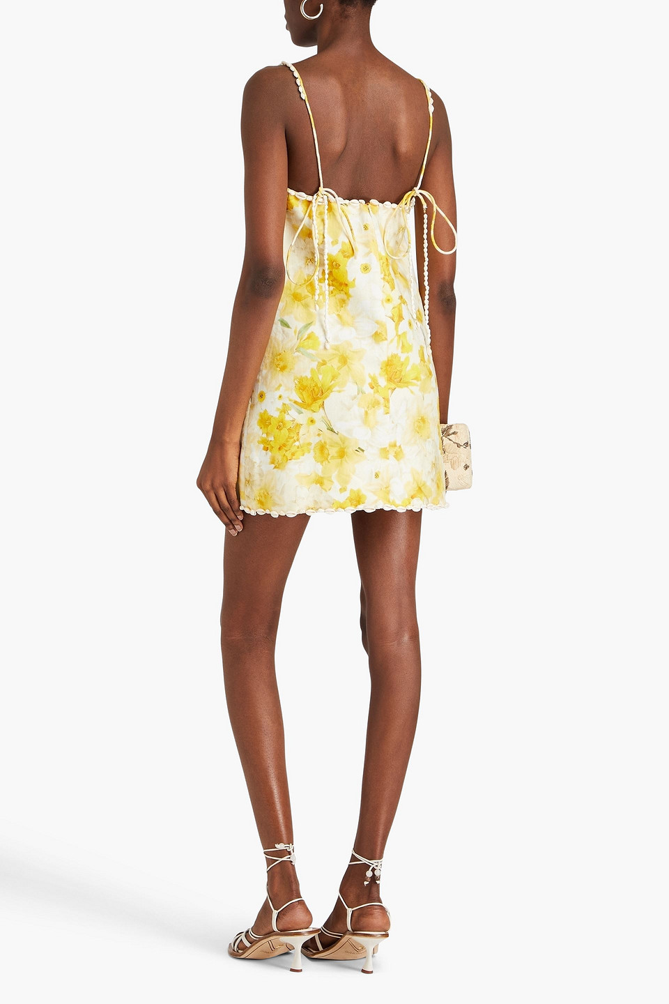 Shop Zimmermann Shell-embellished Floral-print Linen Mini Dress In Yellow