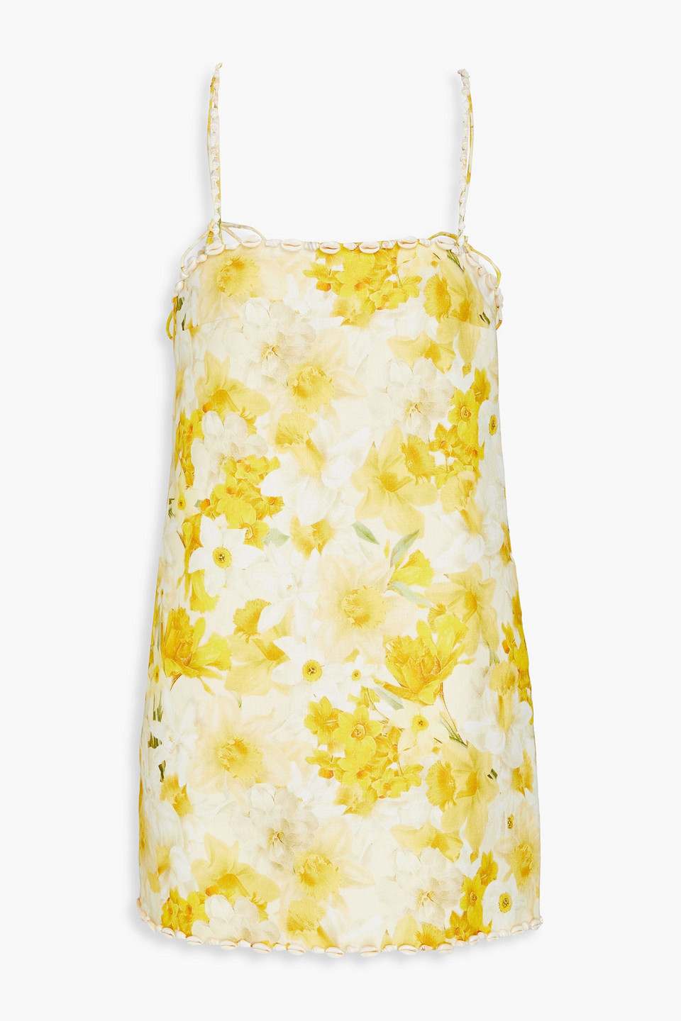 Zimmermann Shell-embellished Floral-print Linen Mini Dress In Yellow