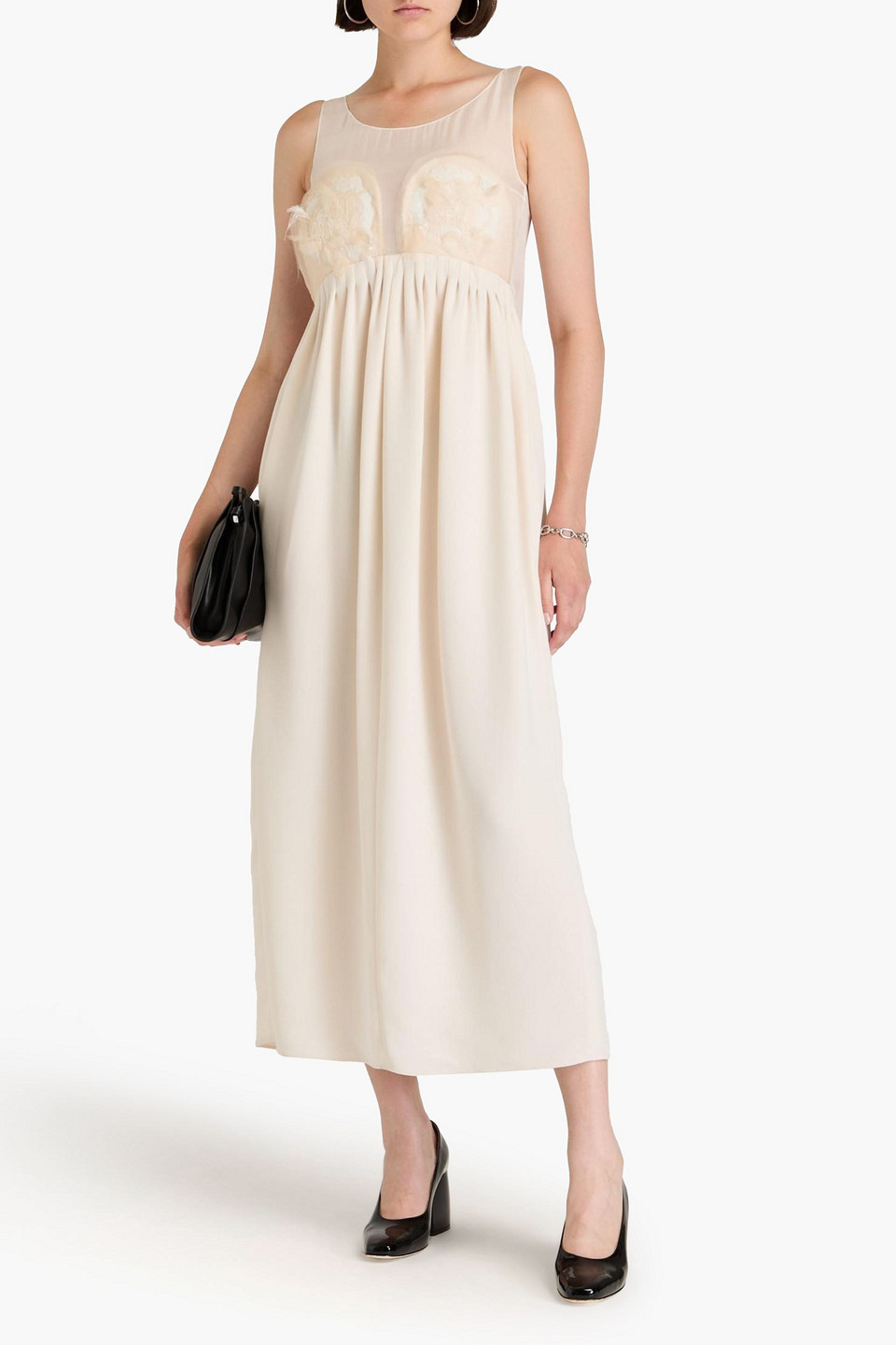 Maison Margiela Mm1 Sleeveless Silk Dress With Chiffon Embroidered Bodice An In Cream