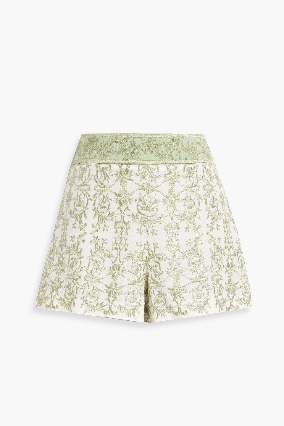 Shop Alice And Olivia Donald Embroidered Cotton And Linen-blend Shorts In Sage Green