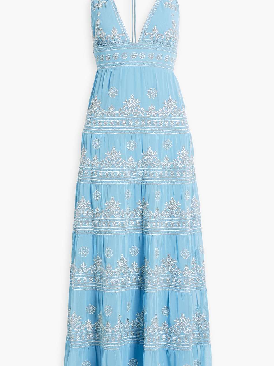 karolina tiered embellished gauze halterneck maxi dress