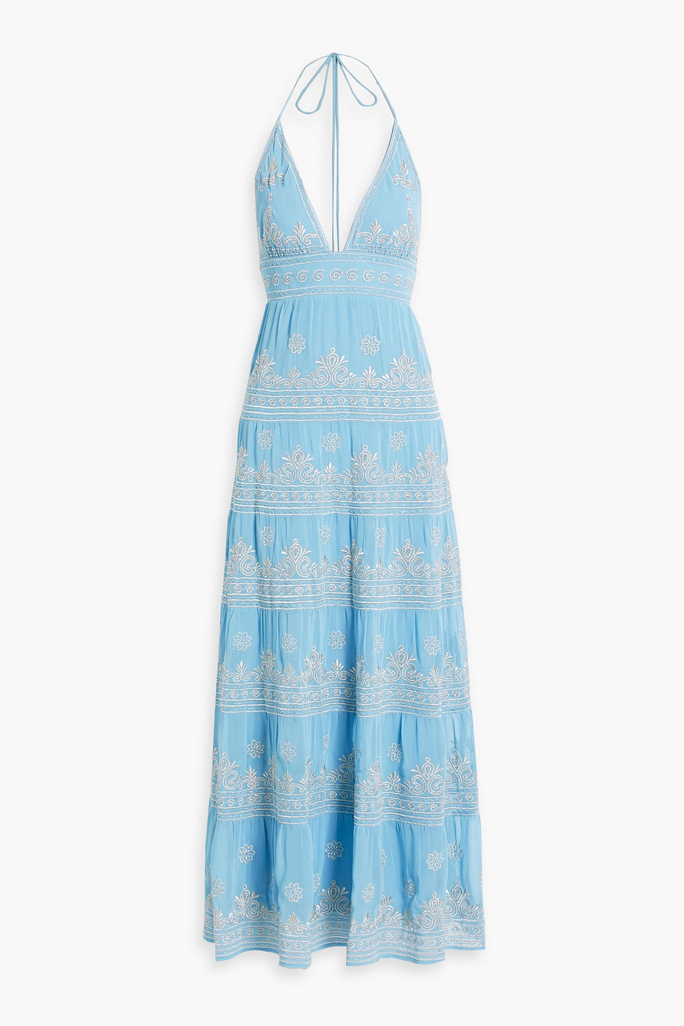 alice olivia - karolina tiered embellished gauze halterneck maxi dress - blue - us 6