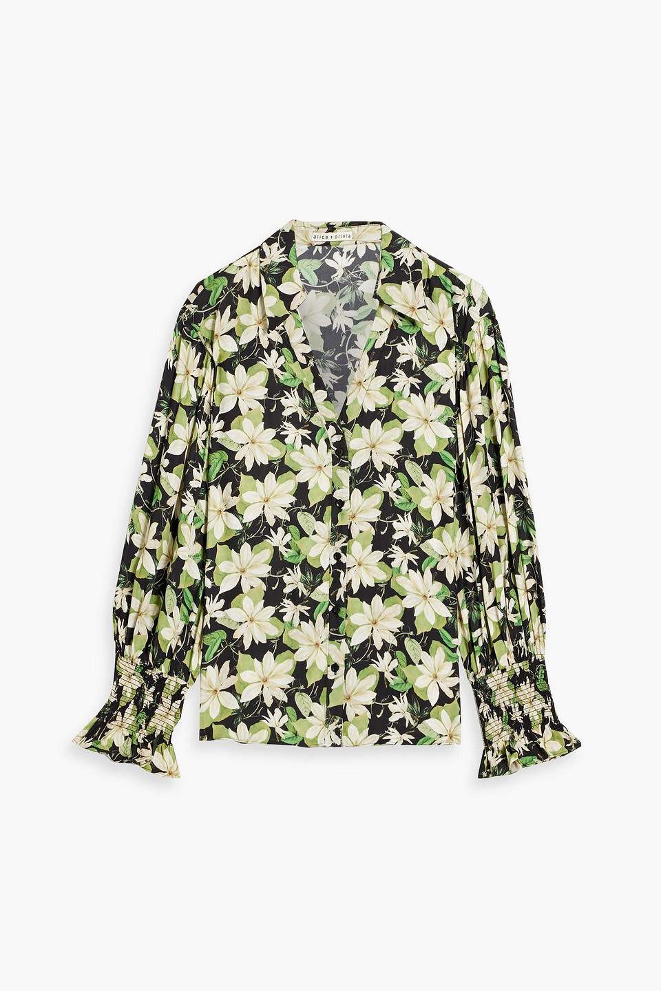 Shop Alice And Olivia Julius Floral-print Satin-twill Blouse In Leaf Green