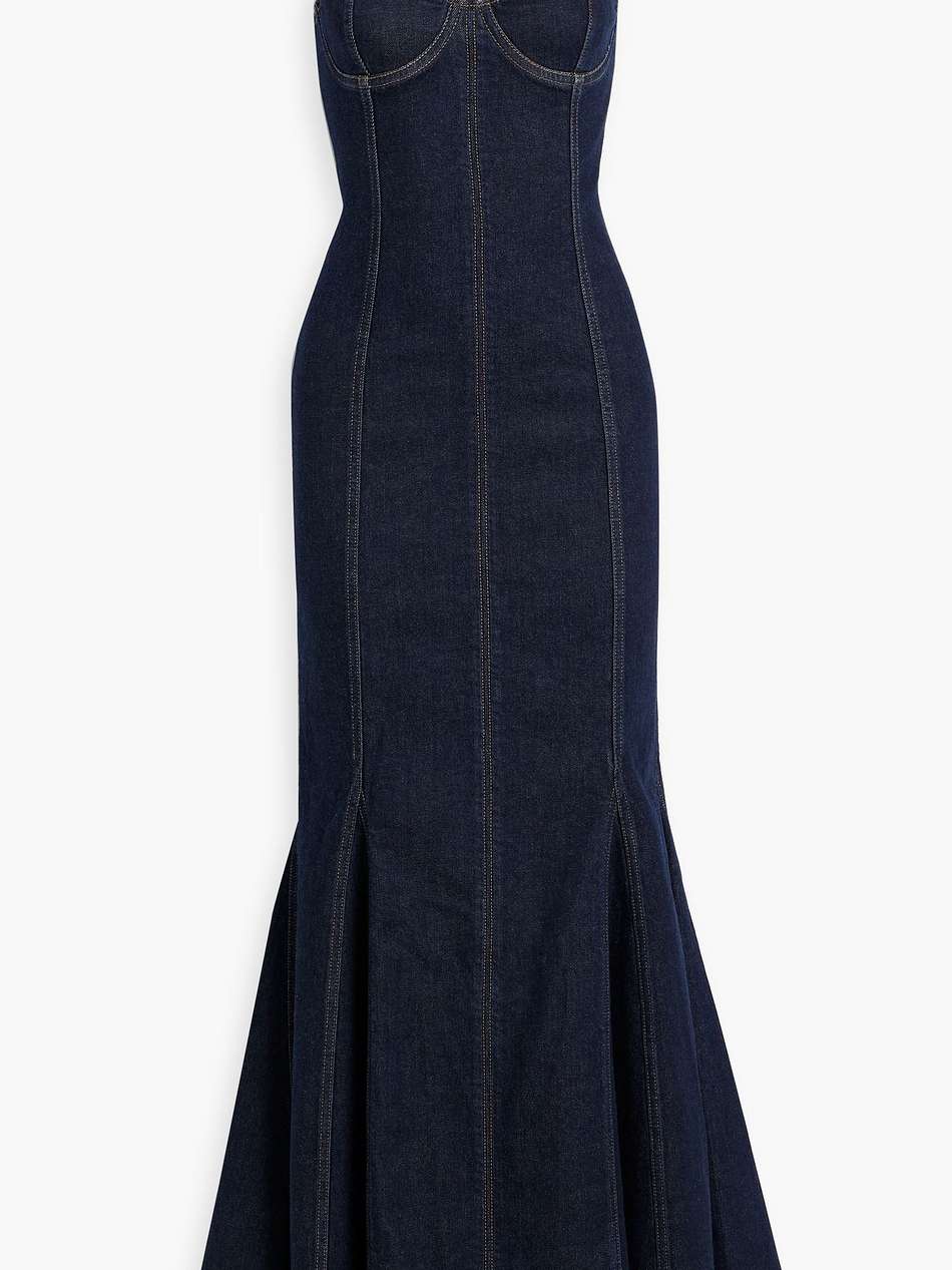 natacha godet fluted denim maxi dress