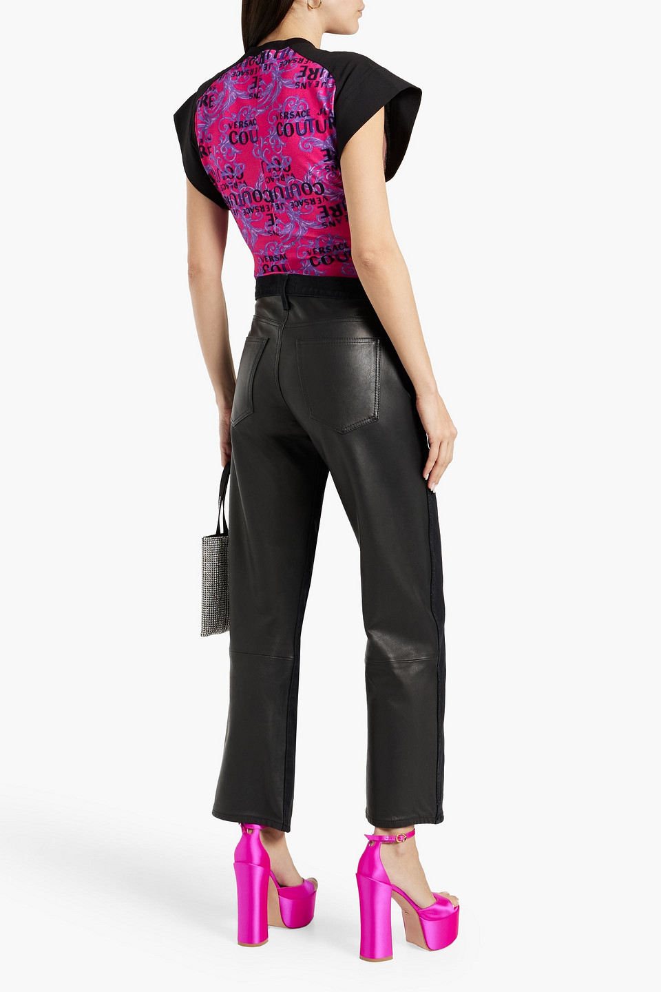 Shop Versace Logo-print Stretch-jersey Bodysuit In Magenta