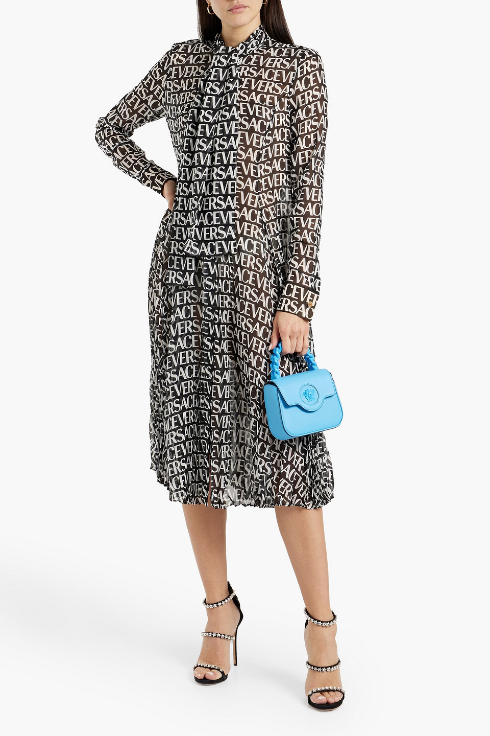 Shop Versace Logo-print Silk-chiffon Midi Dress In Black