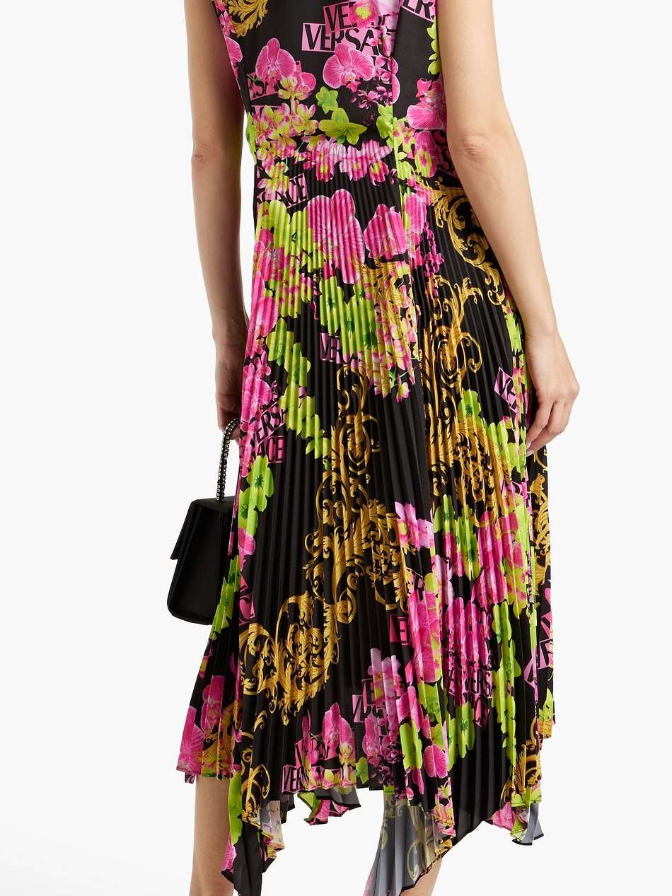printed plissé crepe de chine midi dress