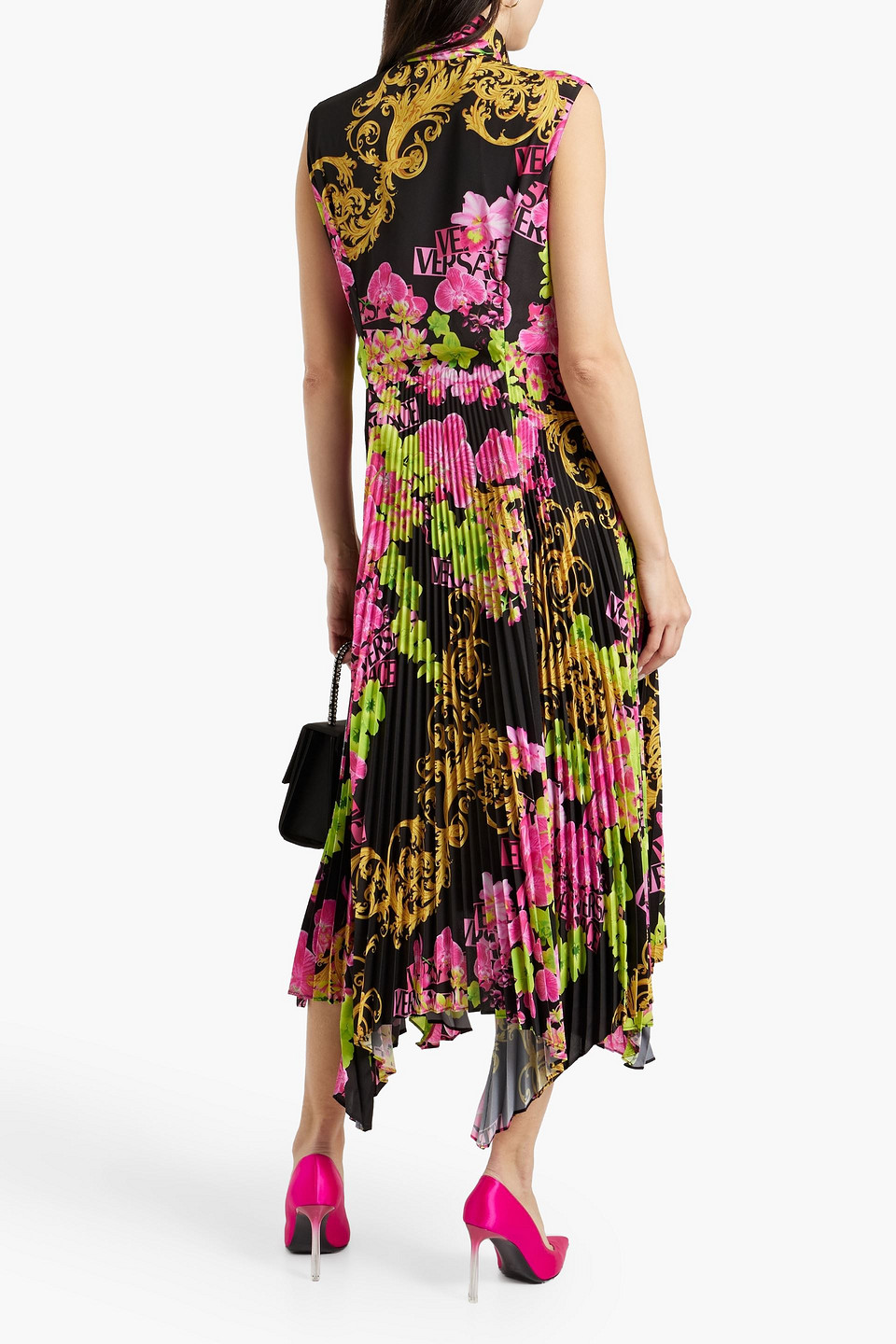 Shop Versace Printed Plissé Crepe De Chine Midi Dress In Black