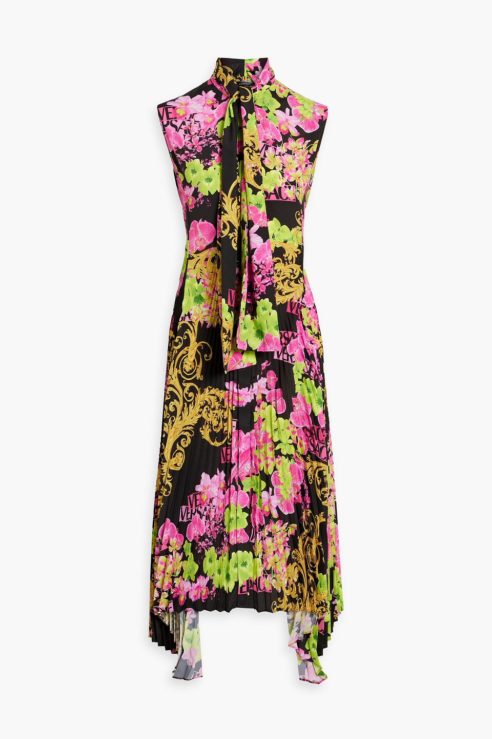 Shop Versace Printed Plissé Crepe De Chine Midi Dress In Black