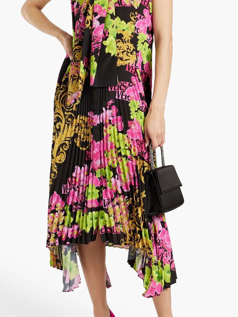 printed plissé crepe de chine midi dress