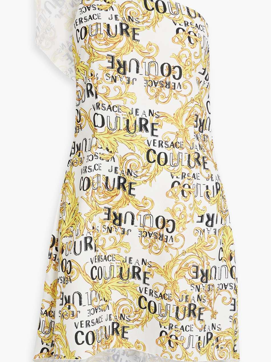 one-shoulder printed crepe mini dress