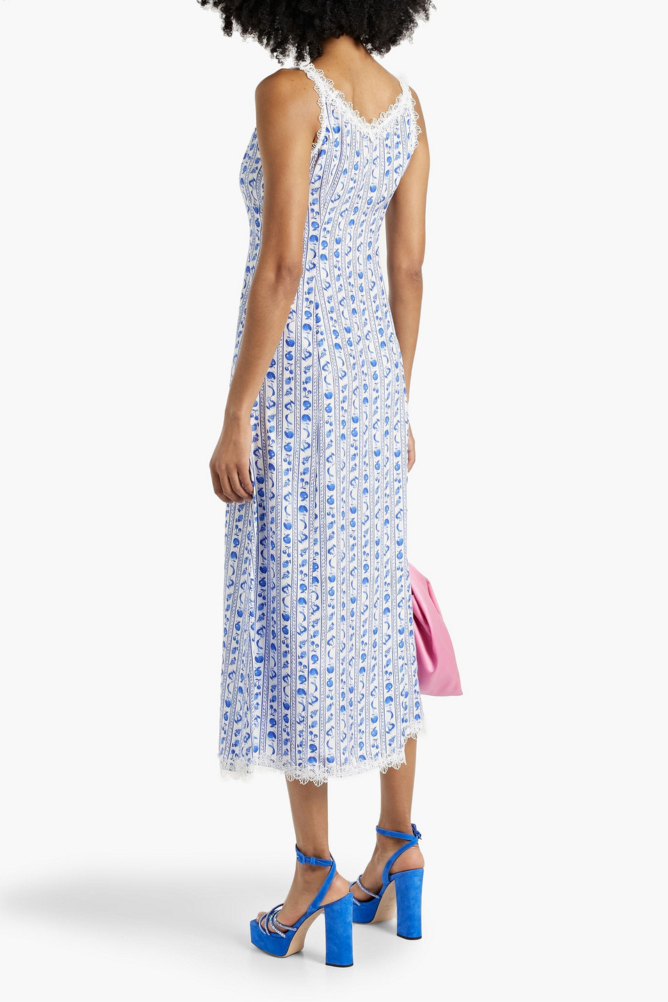 Shop Hvn Ari Lace-trimmed Printed Silk-satin Midi Dress In Blue