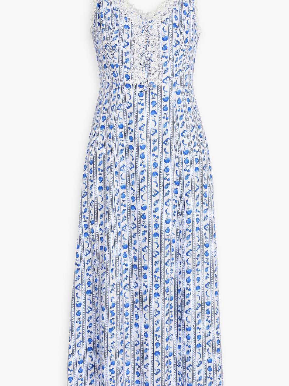 ari lace-trimmed printed silk-satin midi dress