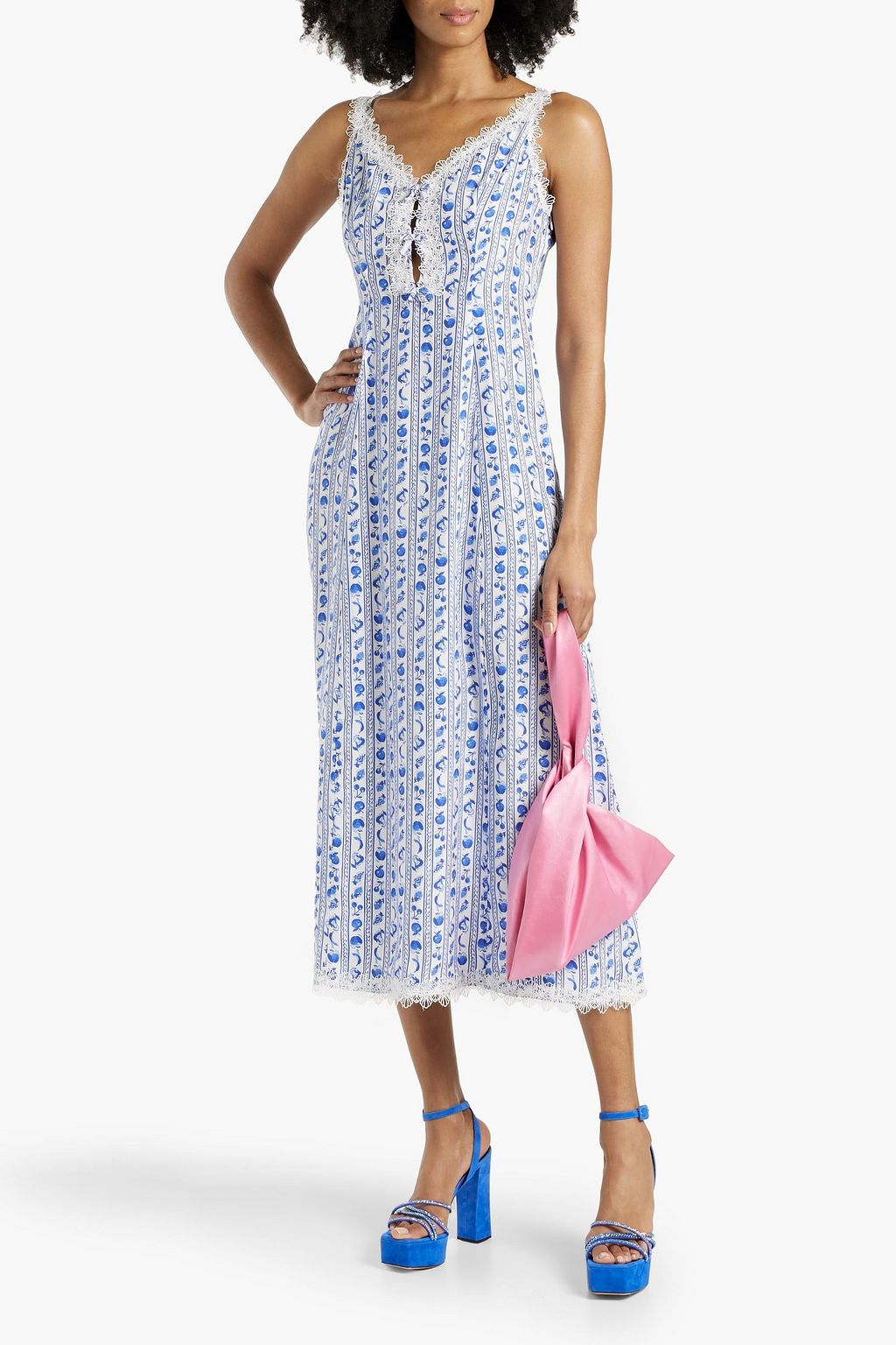 HVN Ari lace-trimmed printed silk-satin midi dress