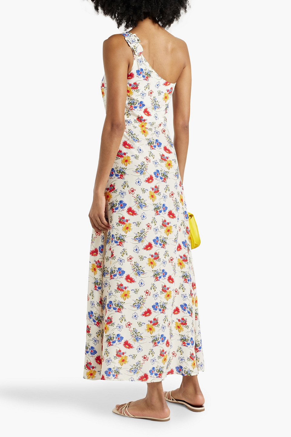 Shop Hvn Elena One-shoulder Floral-print Crepe Maxi Dress In Ecru