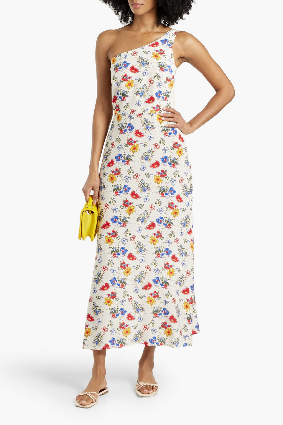 Shop Hvn Elena One-shoulder Floral-print Crepe Maxi Dress In Ecru