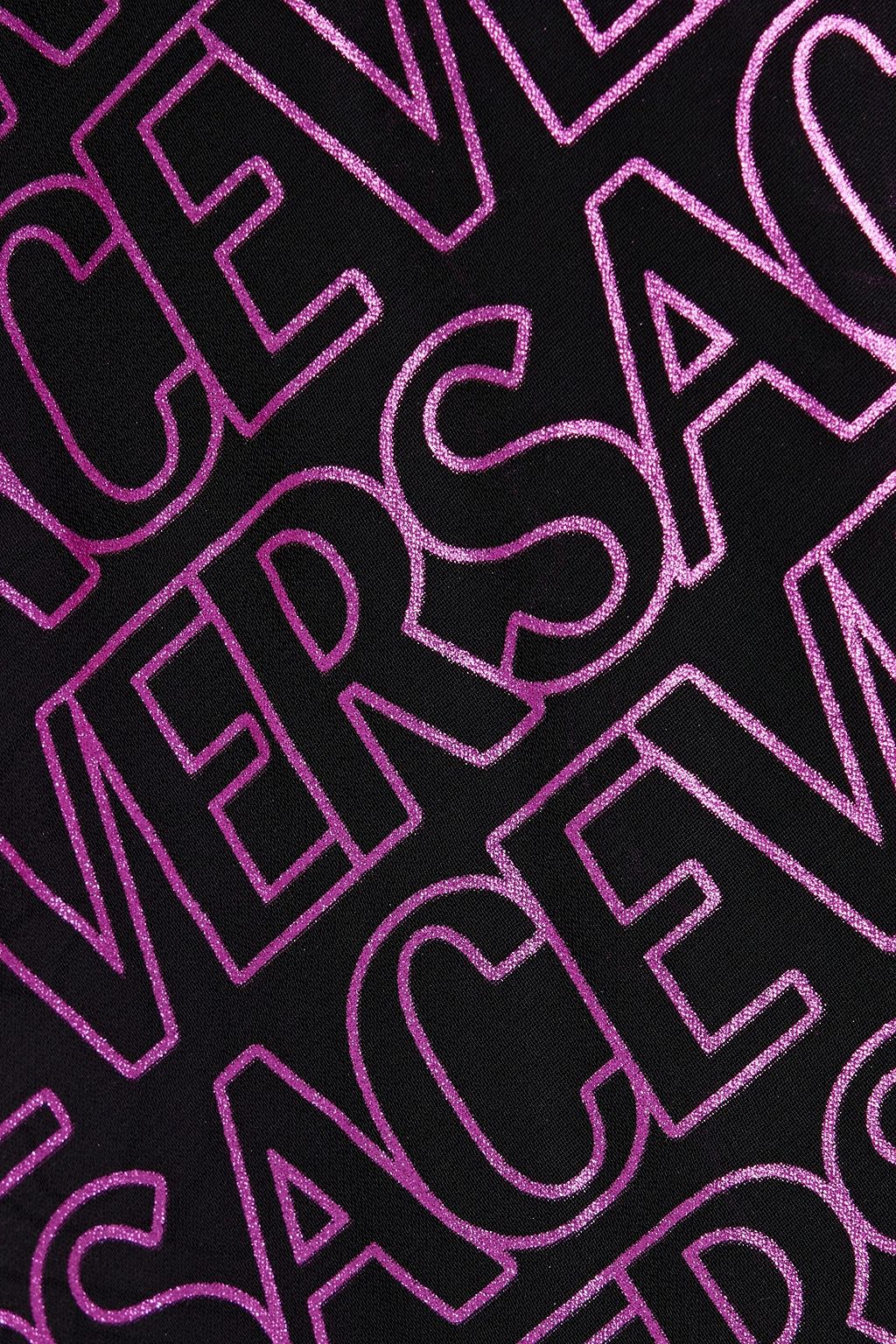 VERSACE Metallic logo-print crepe halterneck dress
